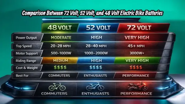 Comparison Between 72v vs 52V Vs 48V Electric Bike Battery